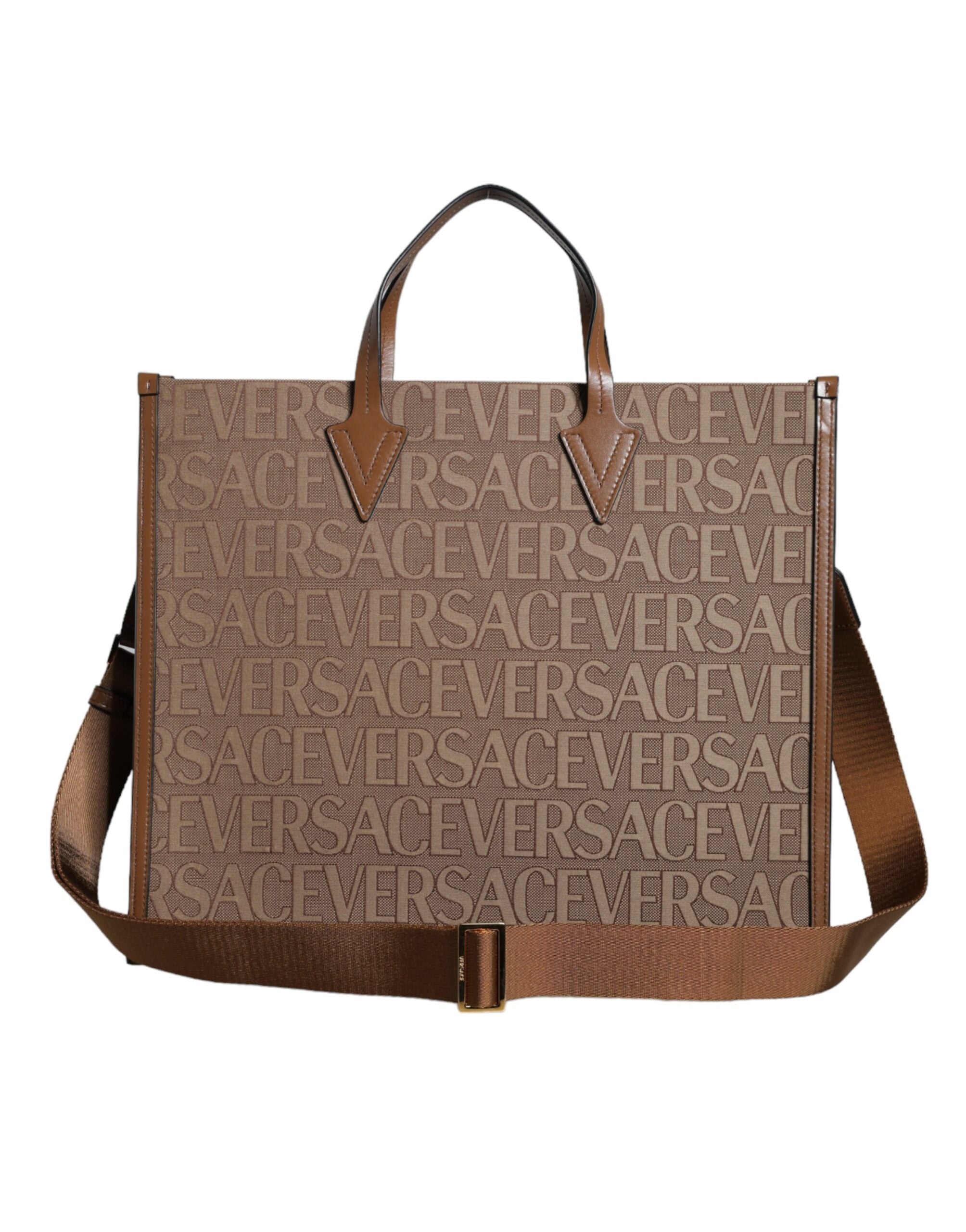 Bolso Tote Cruzado Versace Marrón con Asa Superior de Piel Jacquard y Logotipo