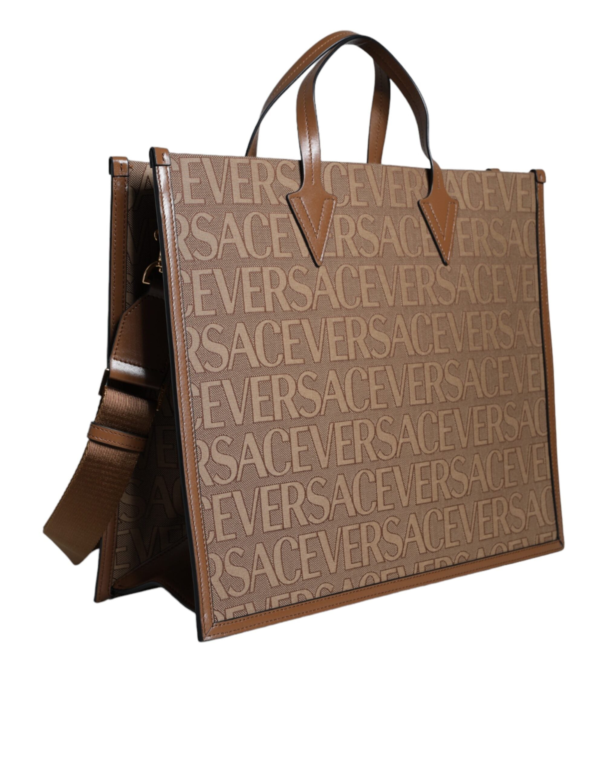 Bolso Tote Cruzado Versace Marrón con Asa Superior de Piel Jacquard y Logotipo