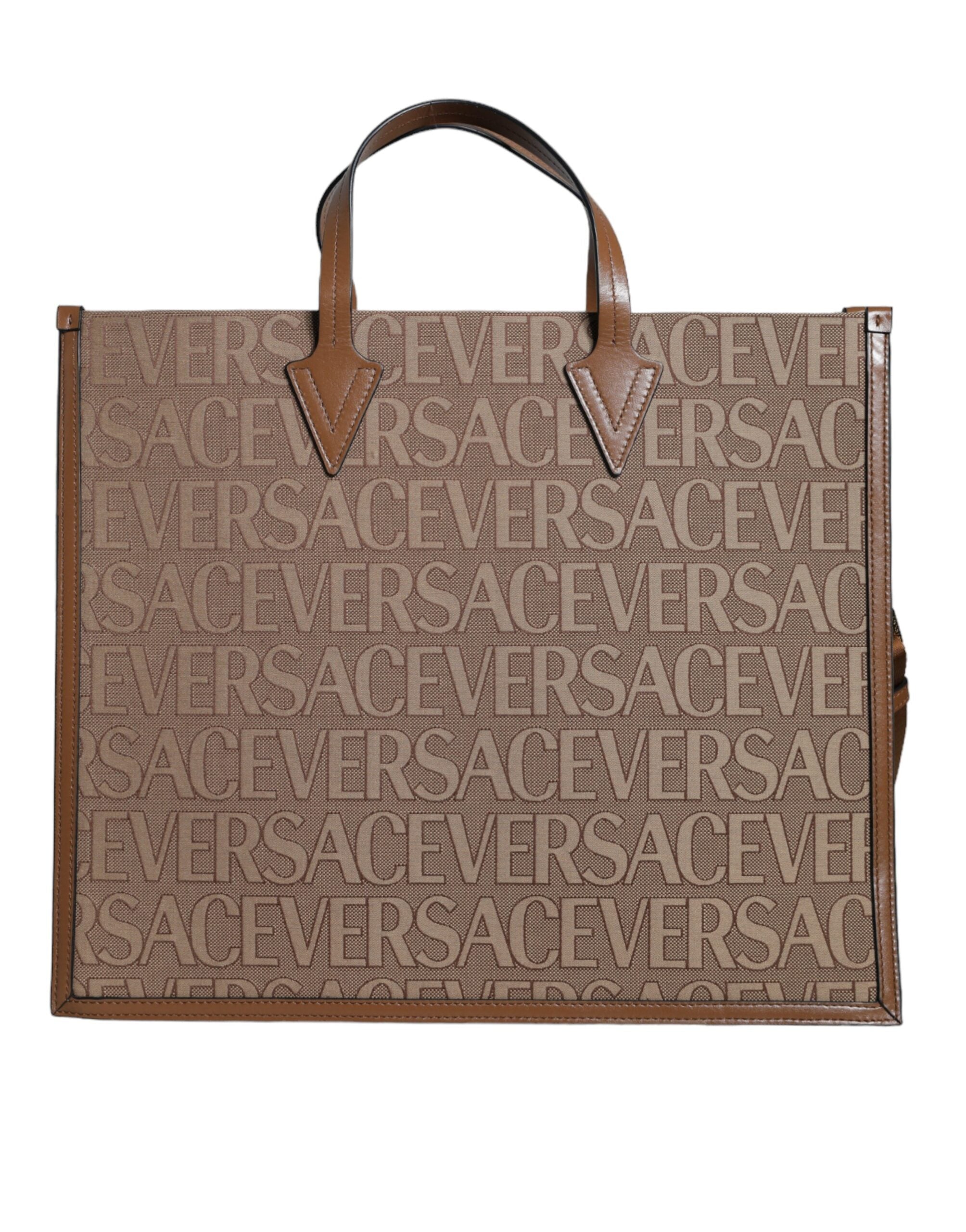 Bolso Tote Cruzado Versace Marrón con Asa Superior de Piel Jacquard y Logotipo