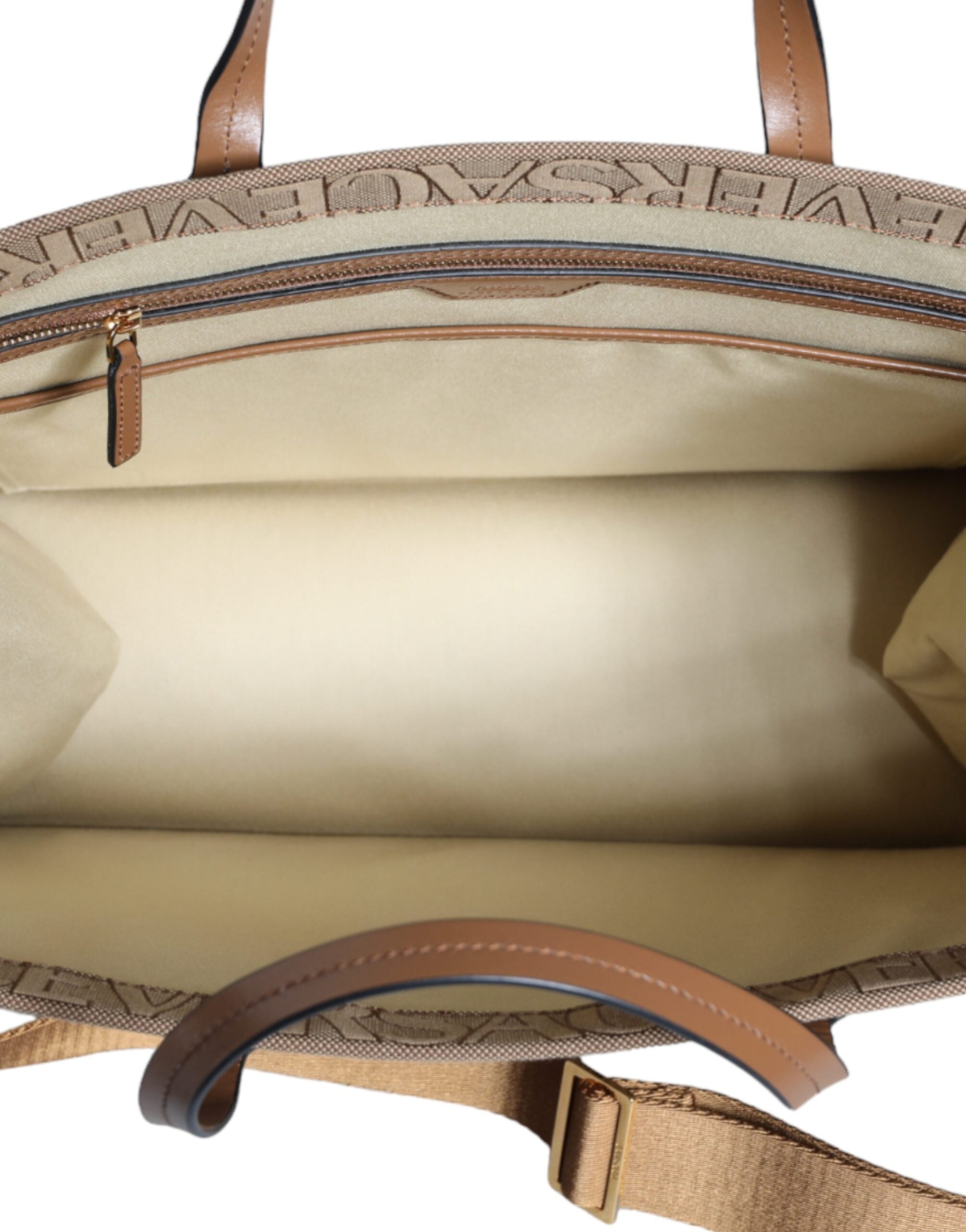 Bolso Tote Cruzado Versace Marrón con Asa Superior de Piel Jacquard y Logotipo