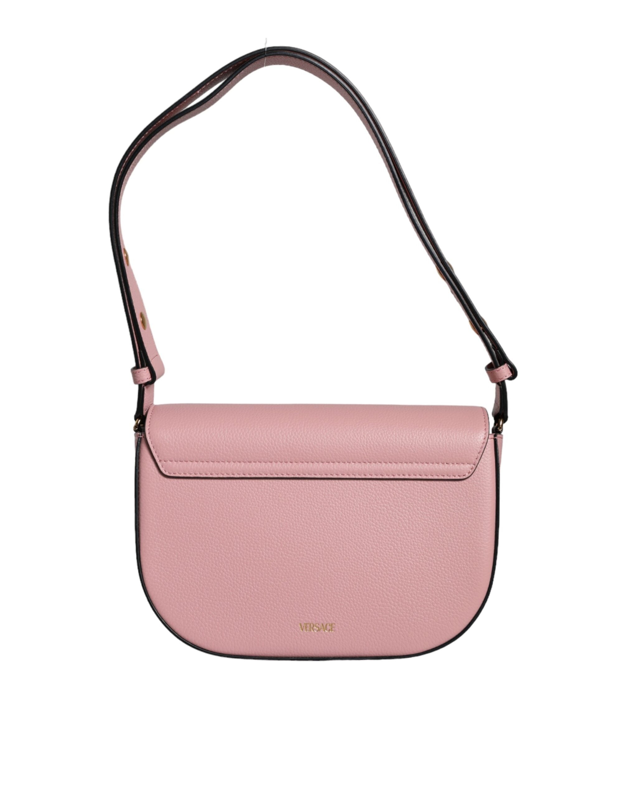 Bolso de hombro cruzado Versace de cuero de becerro granulado rosa con logotipo