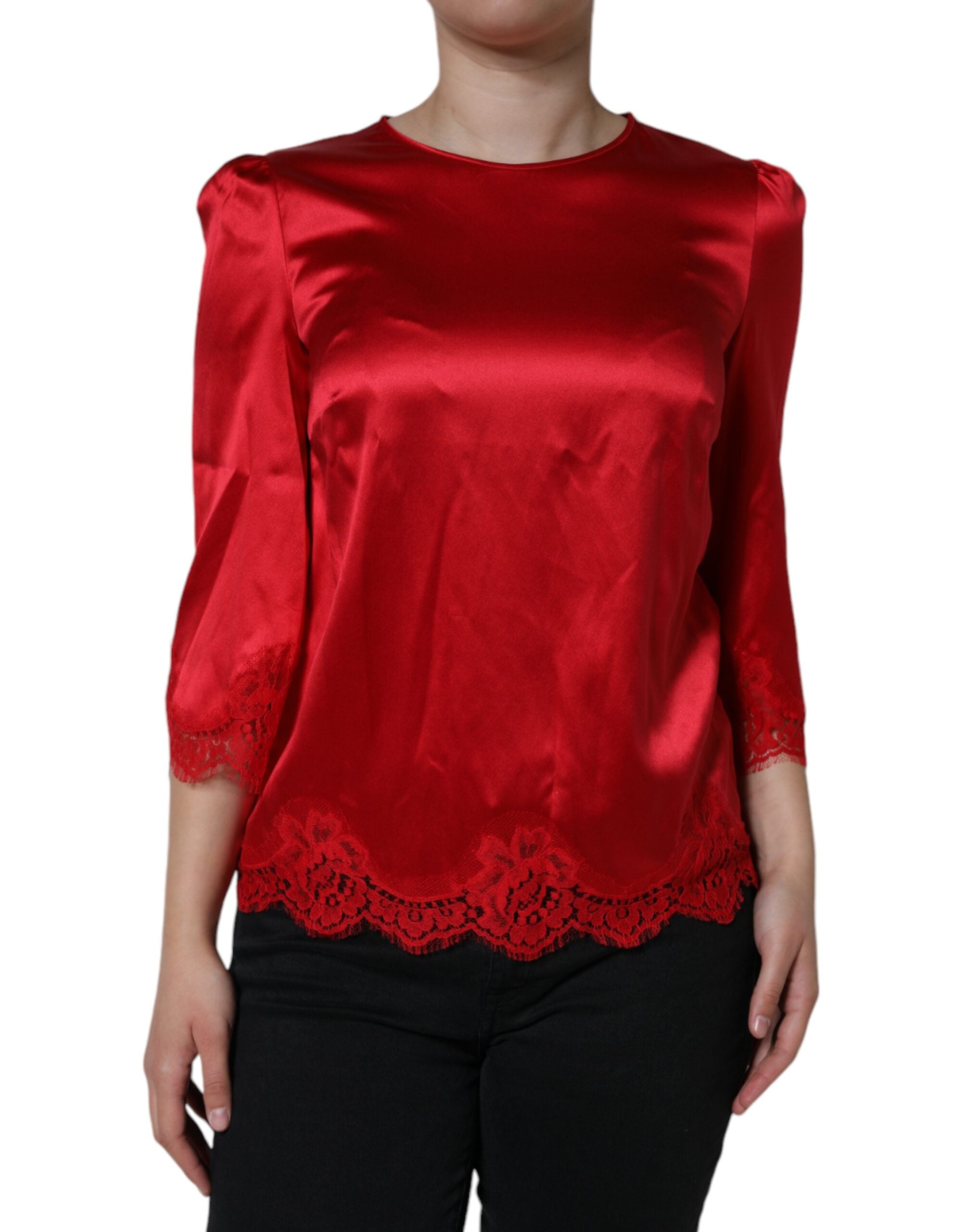 Blusa de satén rojo con encaje y cuello redondo de Dolce & Gabbana