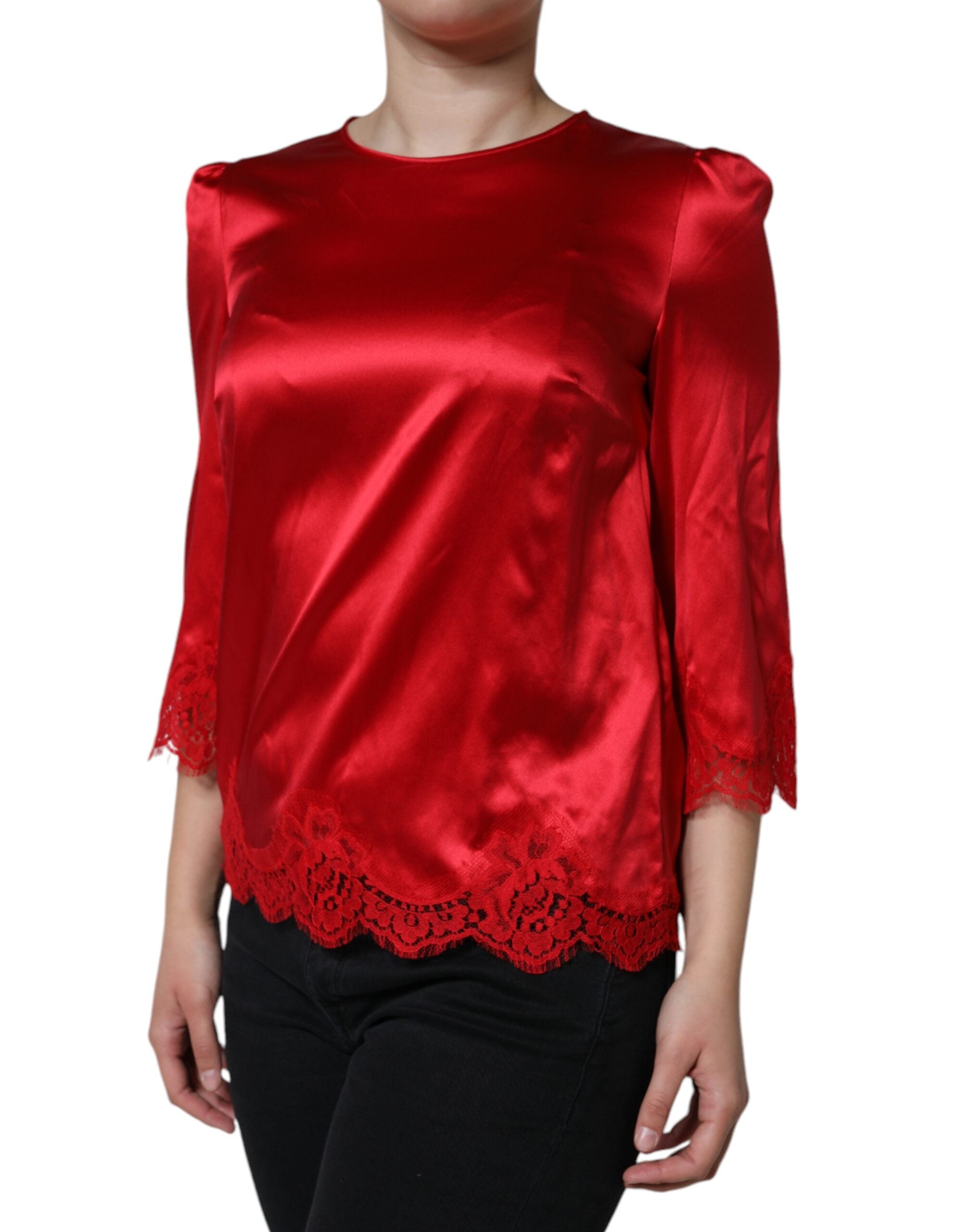 Blusa de satén rojo con encaje y cuello redondo de Dolce & Gabbana