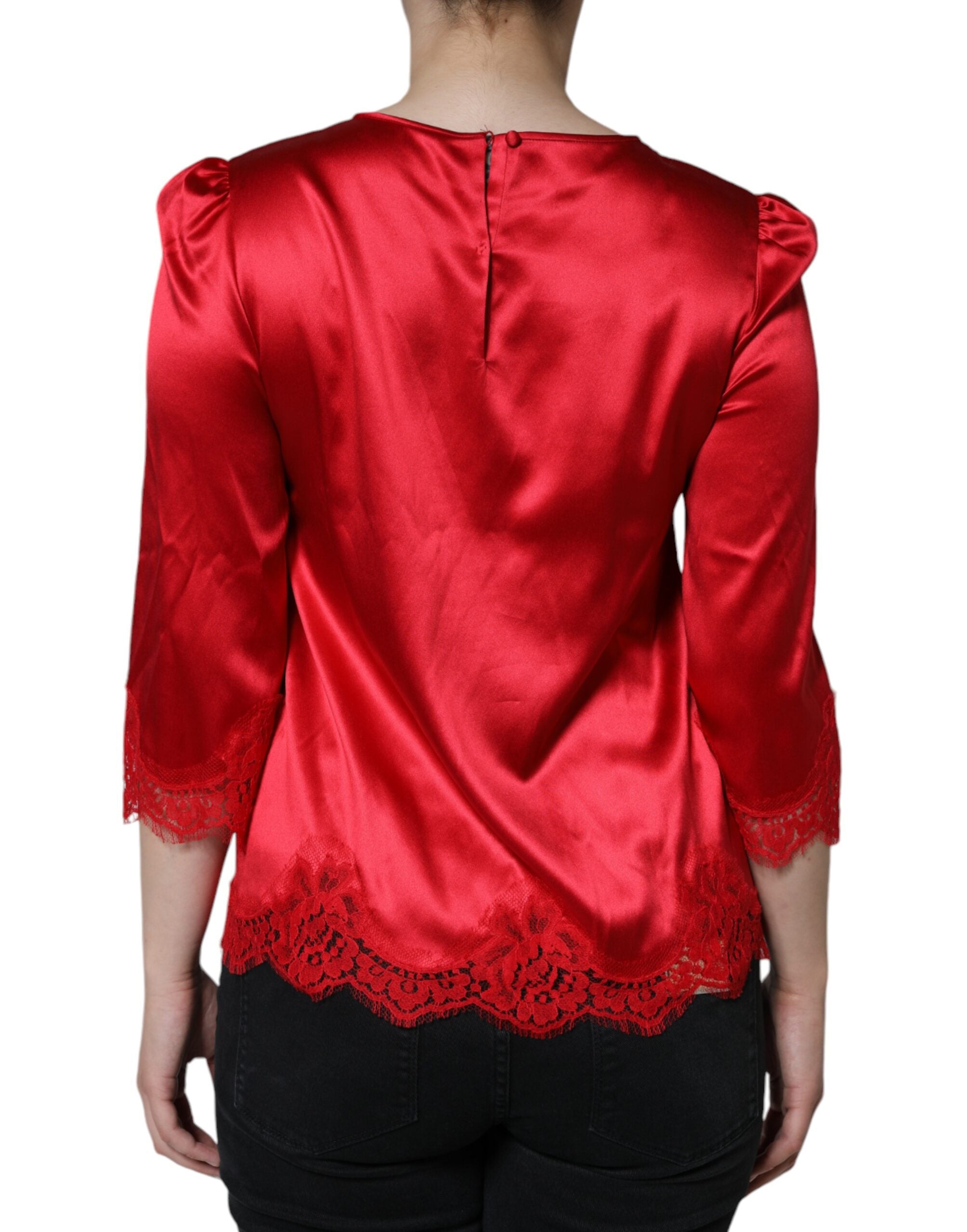 Blusa de satén rojo con encaje y cuello redondo de Dolce & Gabbana