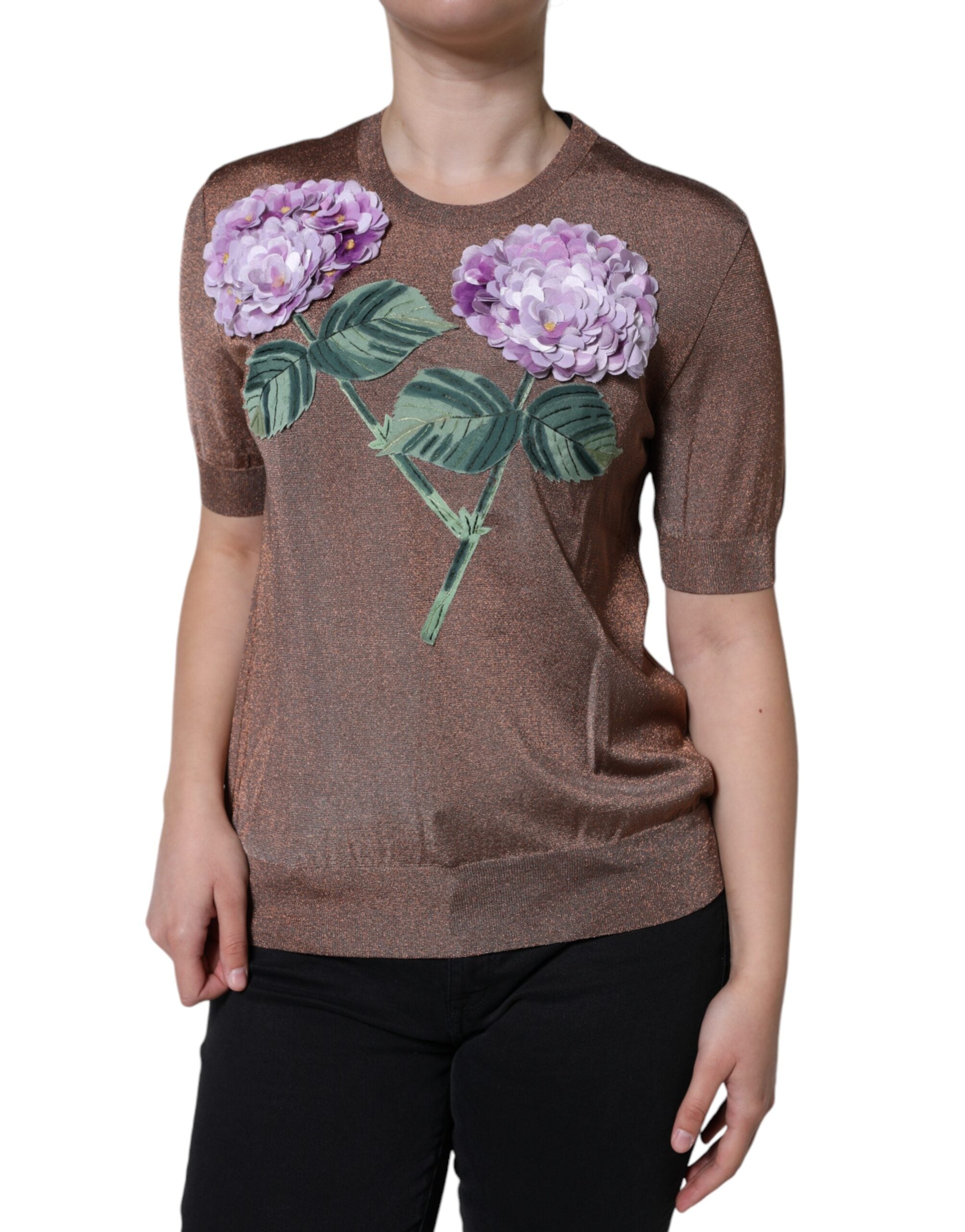 Top de manga corta de viscosa marrón con aplique floral de Dolce & Gabbana