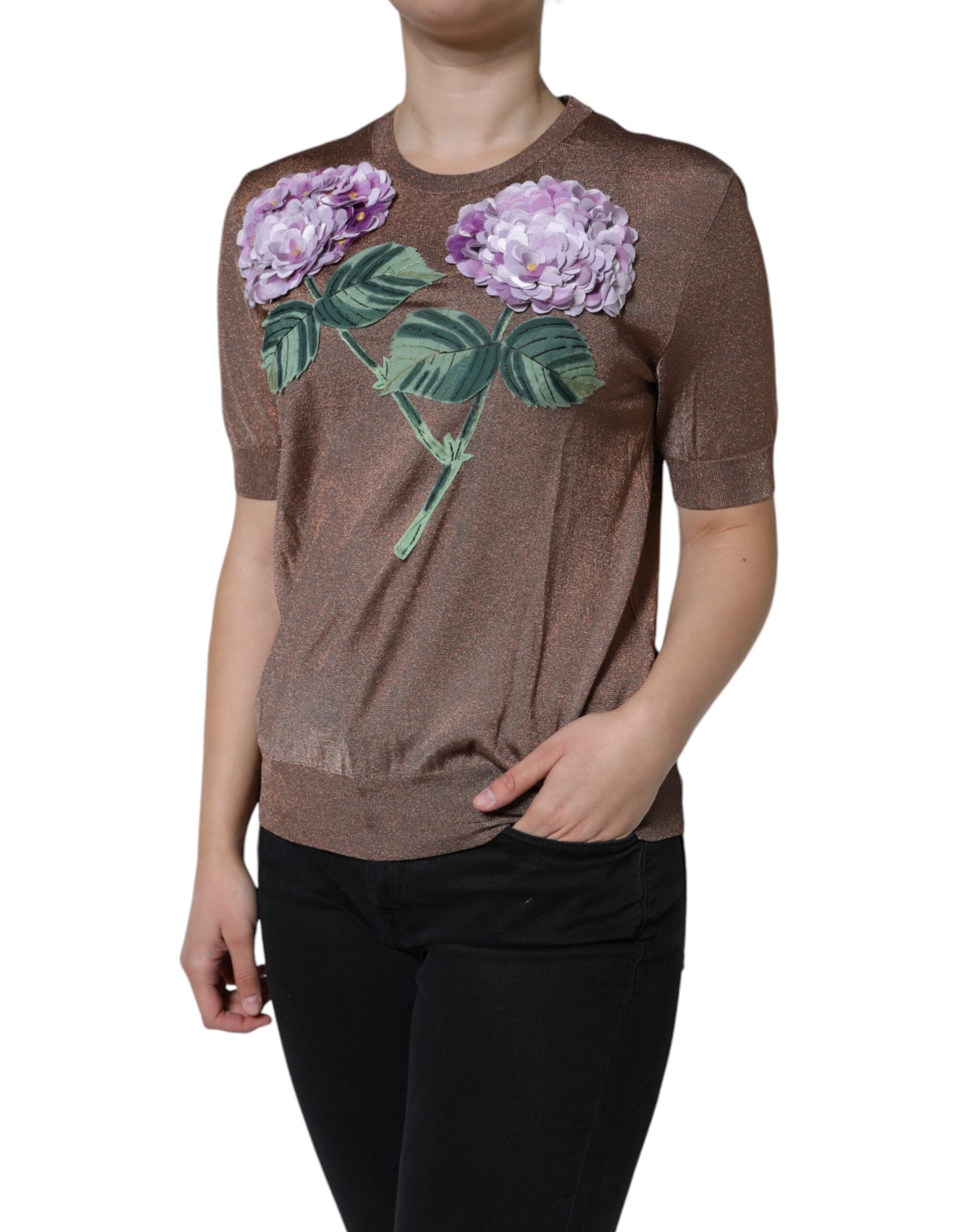 Top de manga corta de viscosa marrón con aplique floral de Dolce & Gabbana