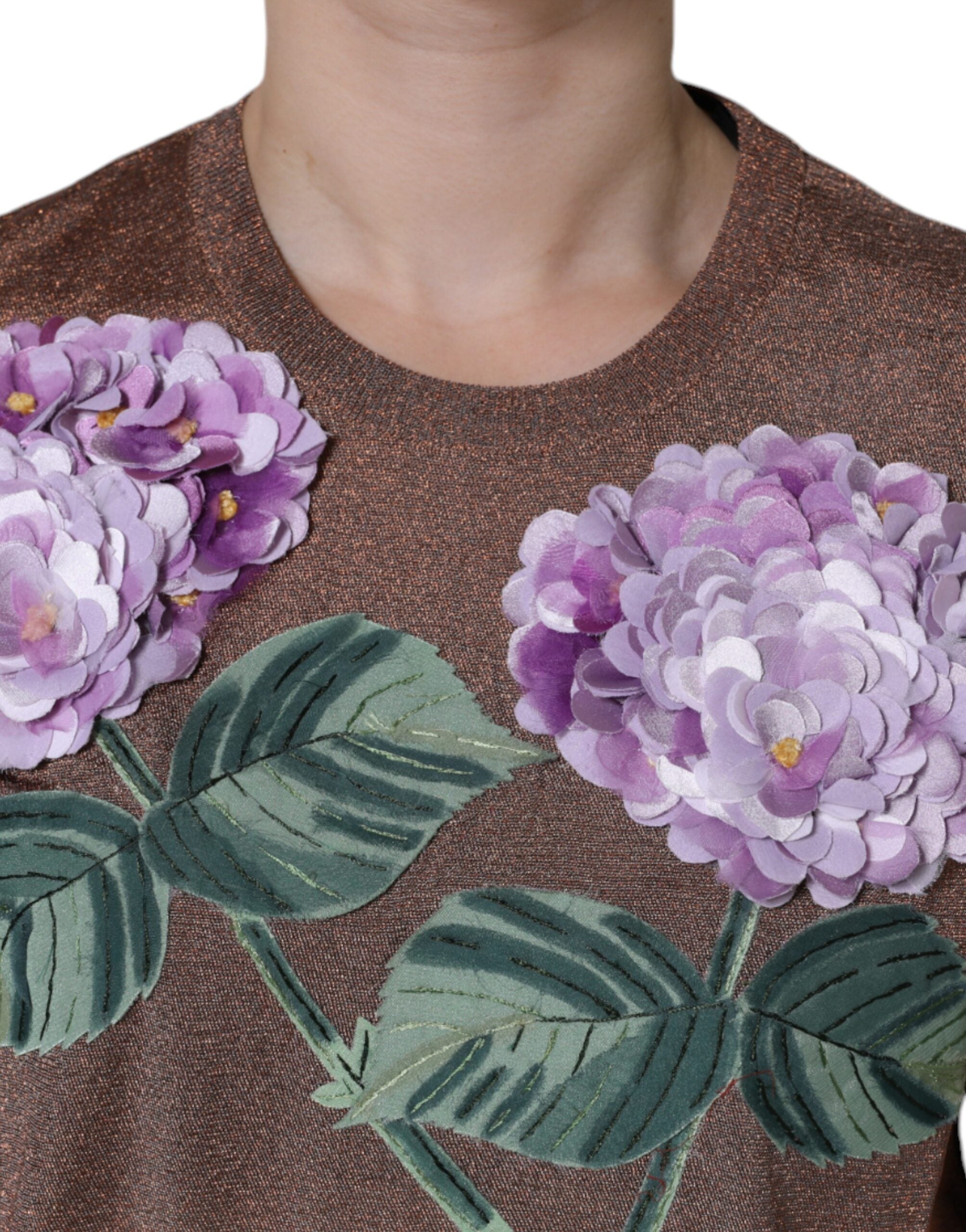 Top de manga corta de viscosa marrón con aplique floral de Dolce & Gabbana