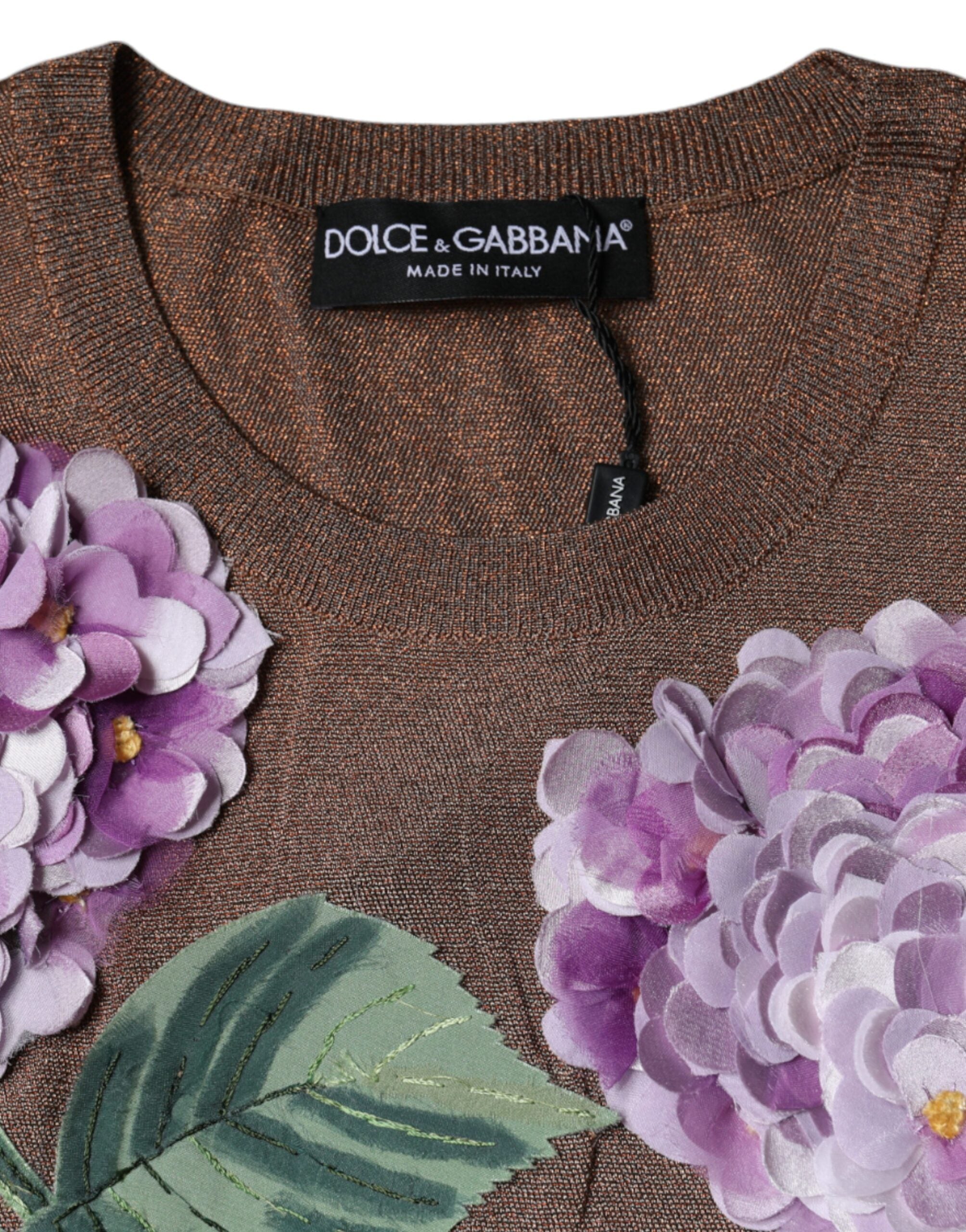 Top de manga corta de viscosa marrón con aplique floral de Dolce & Gabbana