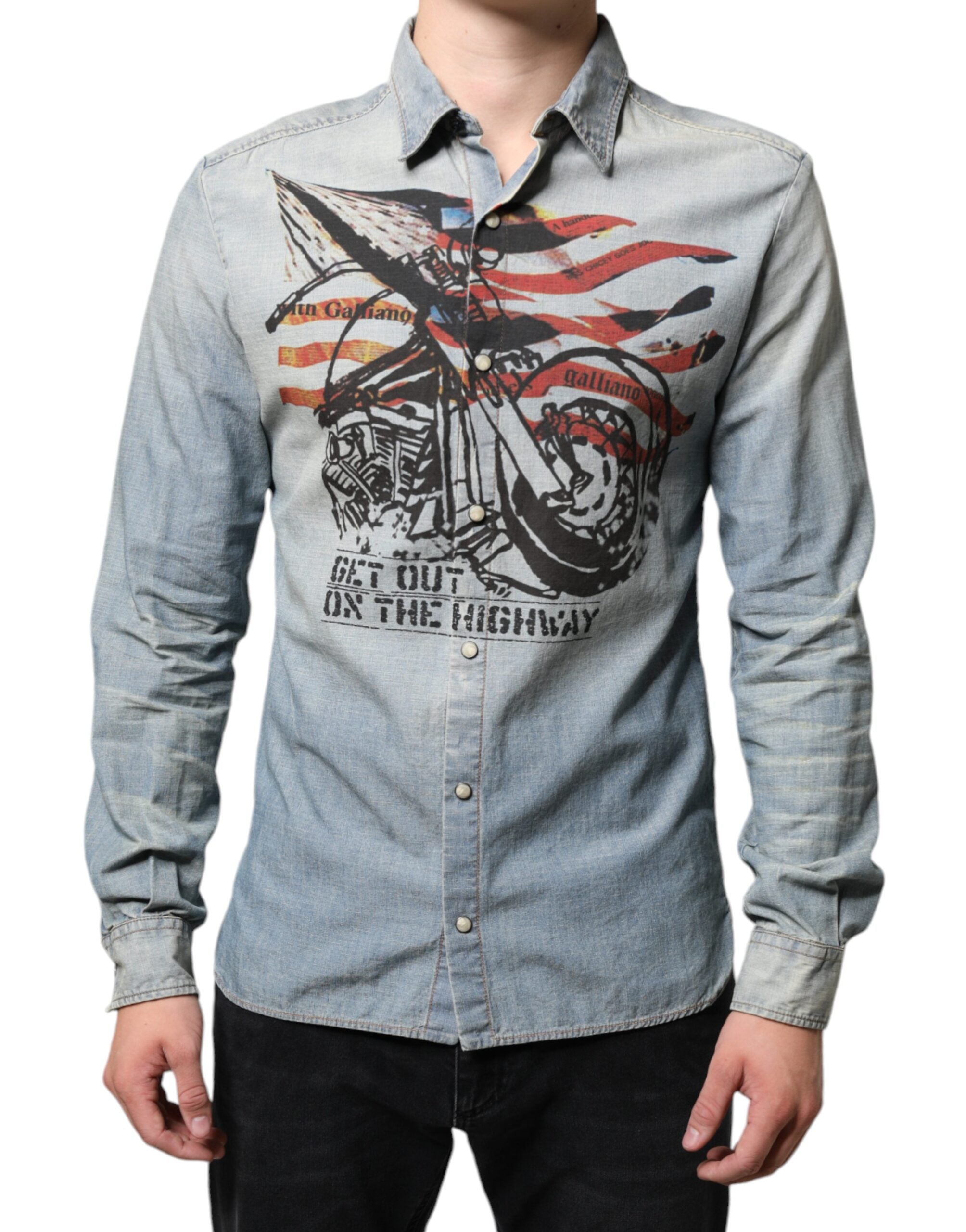Camisa de manga larga de algodón vaquero estampado azul claro de John Galliano