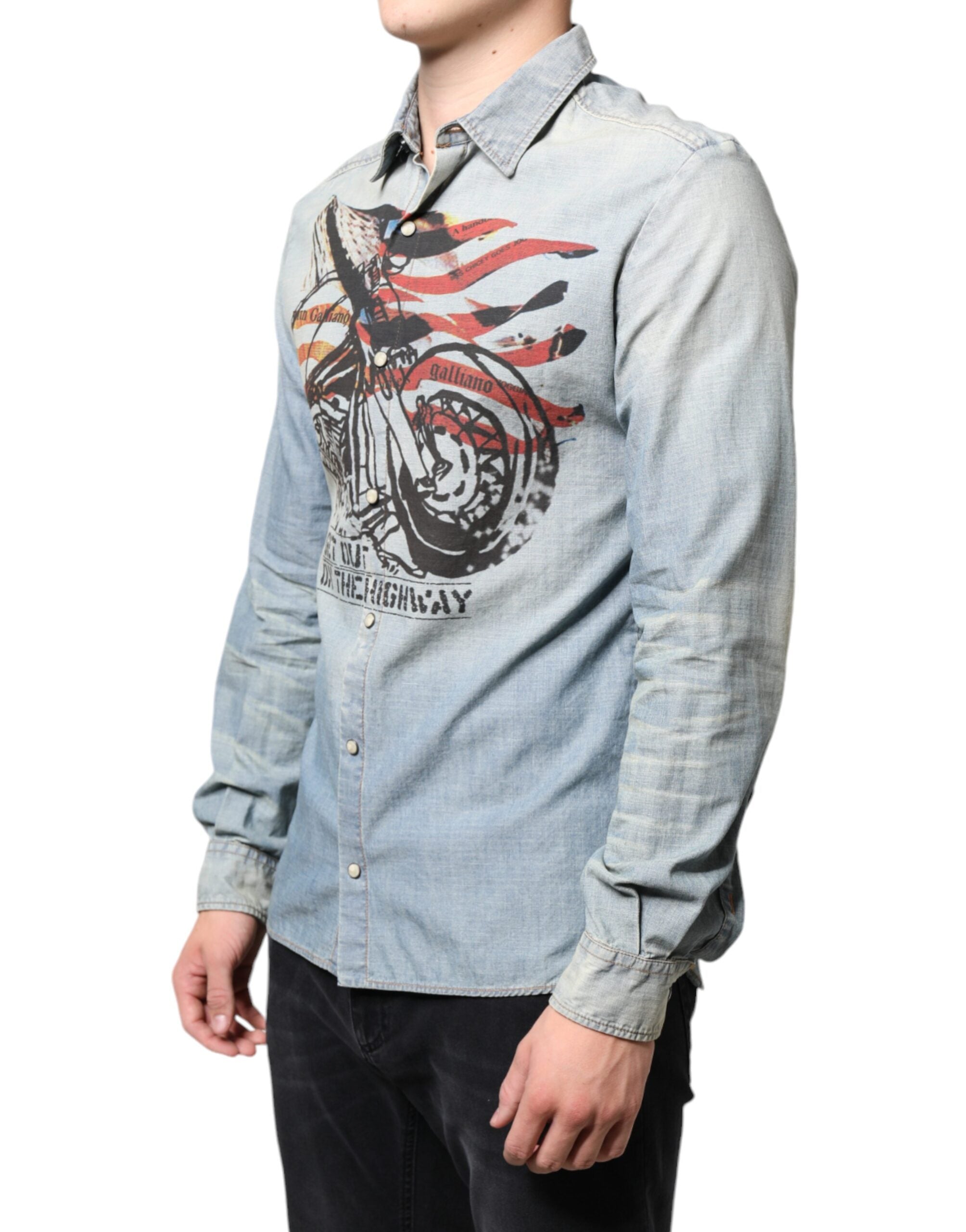 Camisa de manga larga de algodón vaquero estampado azul claro de John Galliano