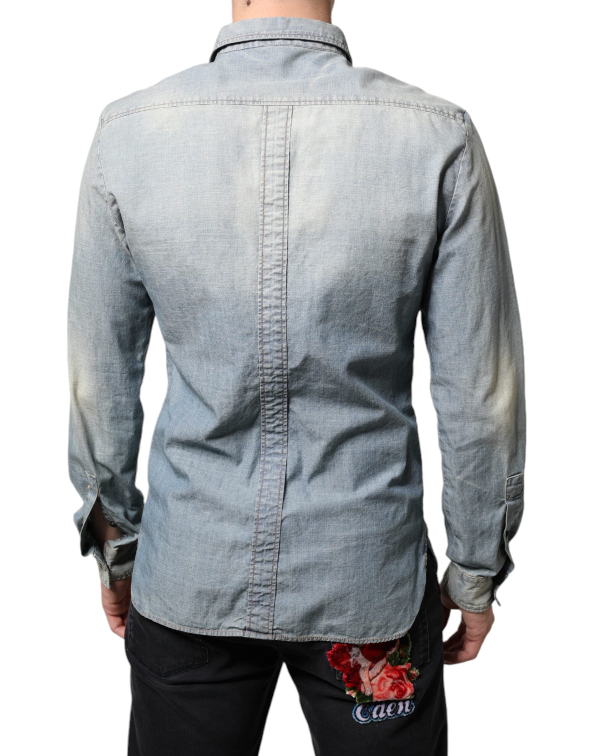 Camisa de manga larga de algodón vaquero estampado azul claro de John Galliano