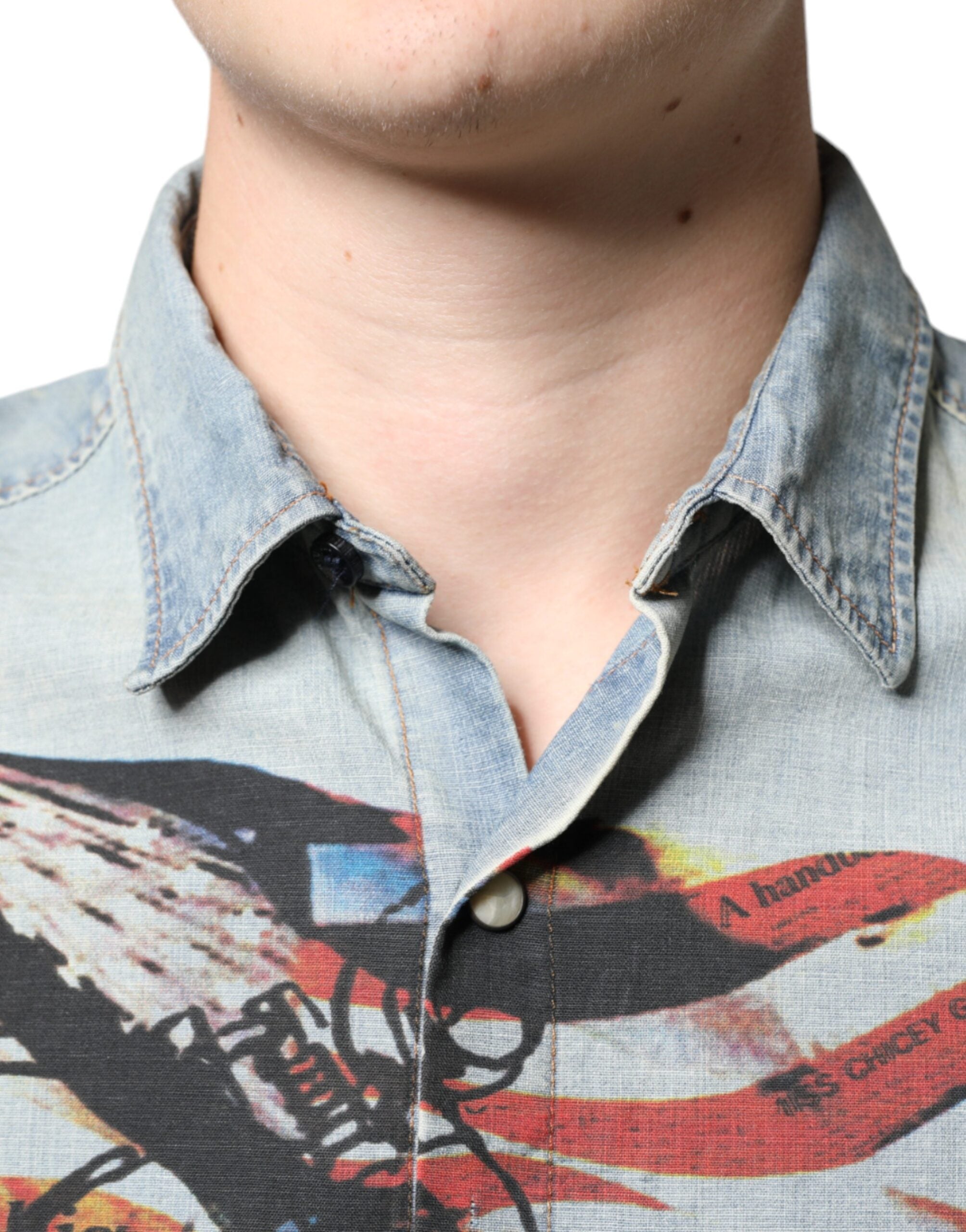 Camisa de manga larga de algodón vaquero estampado azul claro de John Galliano