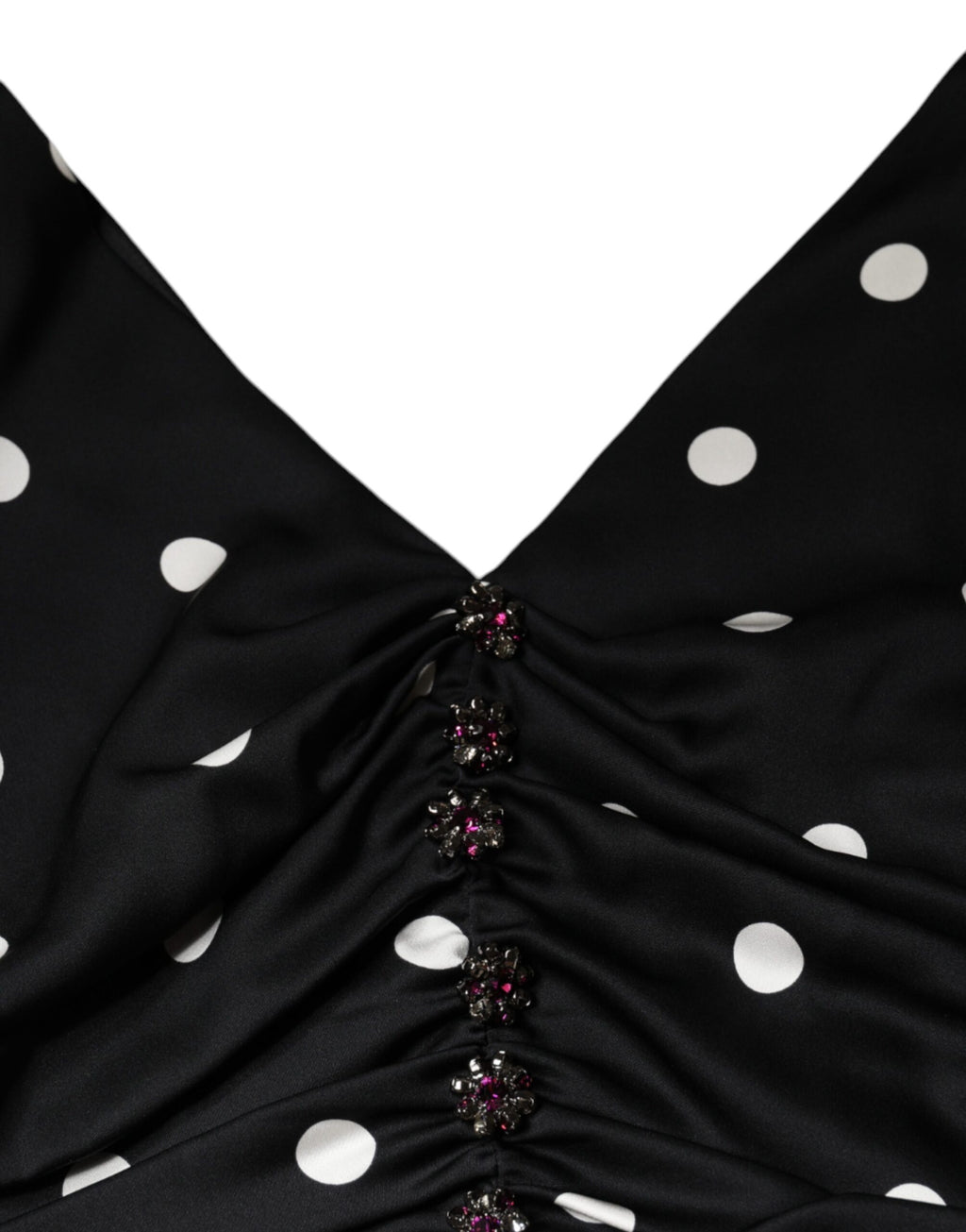 Vestido midi de seda negra con lunares, escote en V y borlas de Dolce & Gabbana