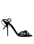 Dolce & Gabbana Black Leather Crystal Heels Sandals Shoes