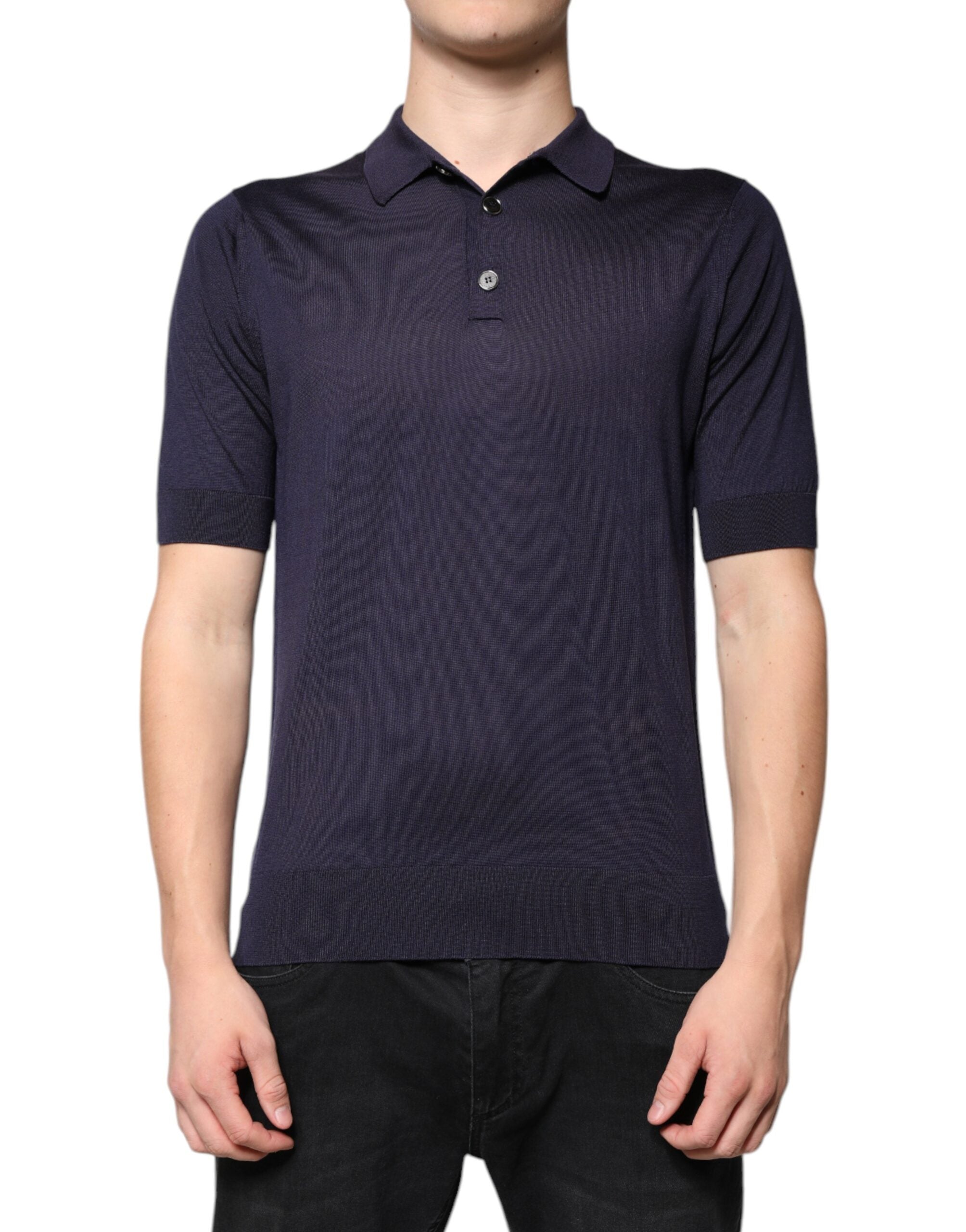 Polo de manga corta con cuello de seda azul Dolce & Gabbana