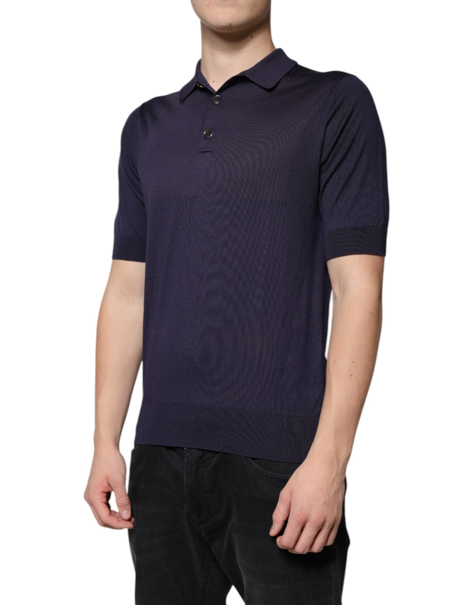 Polo de manga corta con cuello de seda azul Dolce & Gabbana