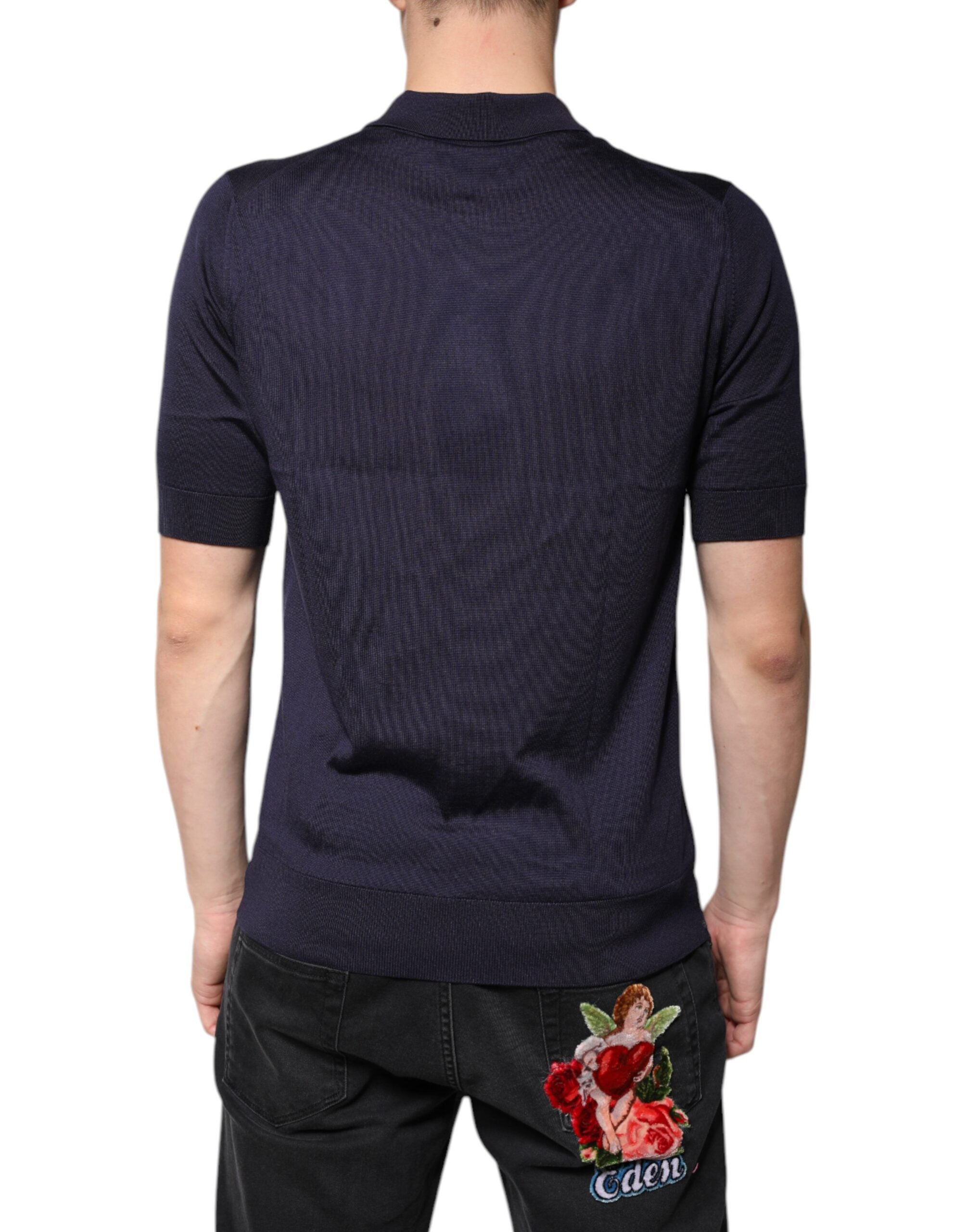 Polo de manga corta con cuello de seda azul Dolce & Gabbana