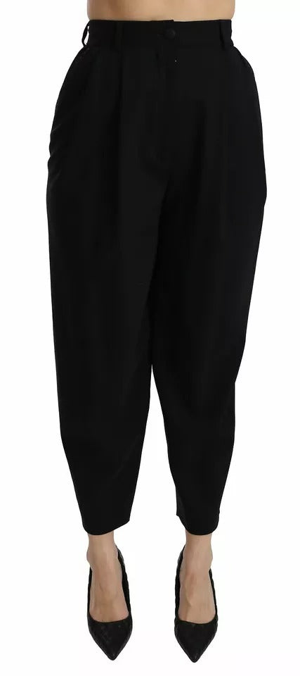 Dolce & Gabbana Pantalones negros de lana de tiro alto con pinzas en la parte delantera y corte cropped
