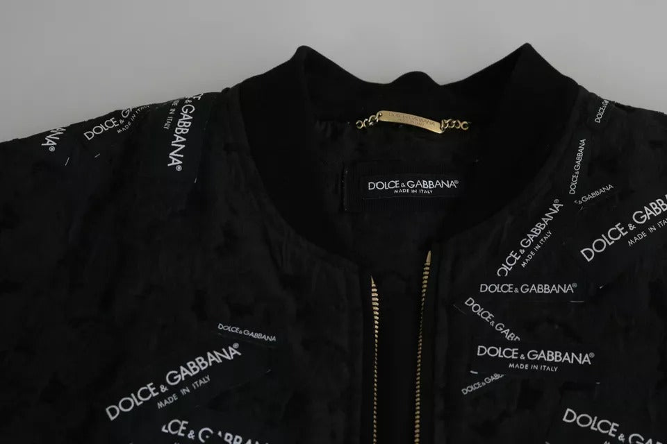 Chaqueta Bomber Dolce & Gabbana Negra con Cremallera Completa y Parche con Logotipo en Brocado