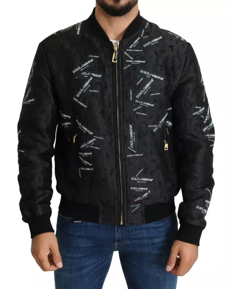 Chaqueta Bomber Dolce & Gabbana Negra con Cremallera Completa y Parche con Logotipo en Brocado