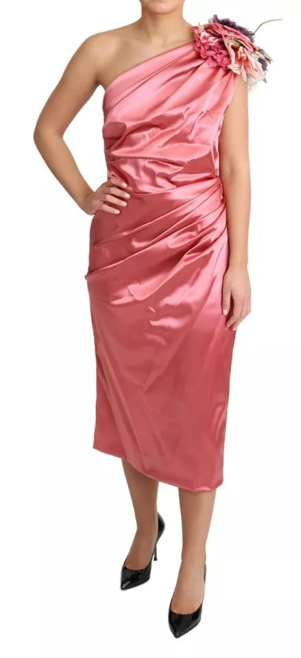 Vestido midi rosa con fruncido y apliques florales de Dolce & Gabbana
