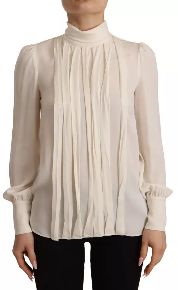 Top Dolce & Gabbana de cuello alto de seda blanco roto y manga larga