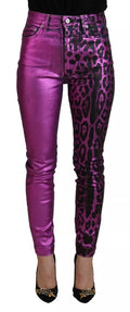 Jeans de mezclilla ajustados de algodón con estampado de leopardo morado de Dolce & Gabbana