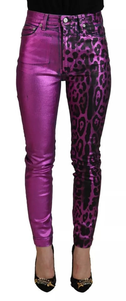 Jeans de mezclilla ajustados de algodón con estampado de leopardo morado de Dolce & Gabbana