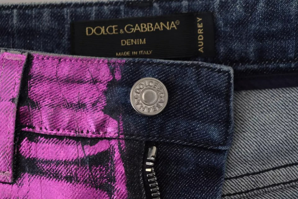 Jeans de mezclilla ajustados de algodón con estampado de leopardo morado de Dolce & Gabbana