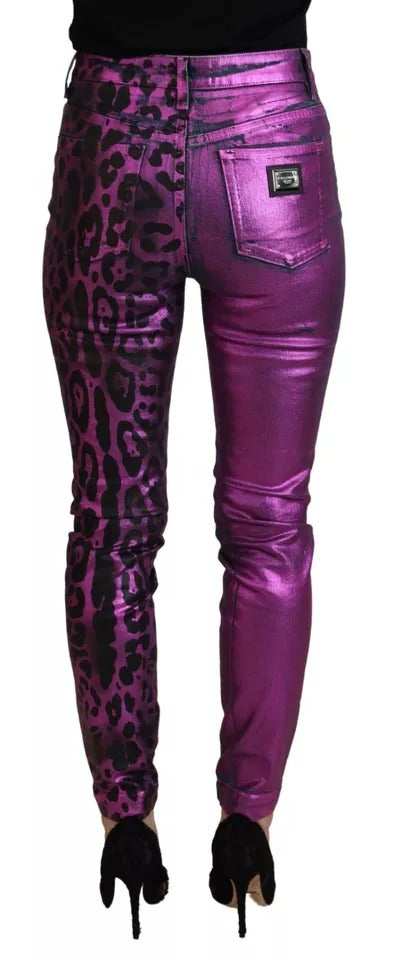 Jeans de mezclilla ajustados de algodón con estampado de leopardo morado de Dolce & Gabbana