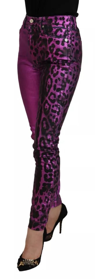 Jeans de mezclilla ajustados de algodón con estampado de leopardo morado de Dolce & Gabbana