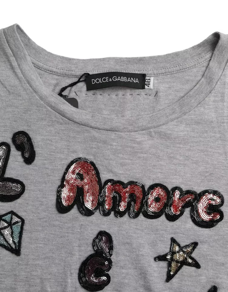 Dolce & Gabbana Camiseta gris de algodón con la frase "L'Amore E'Bellezza"