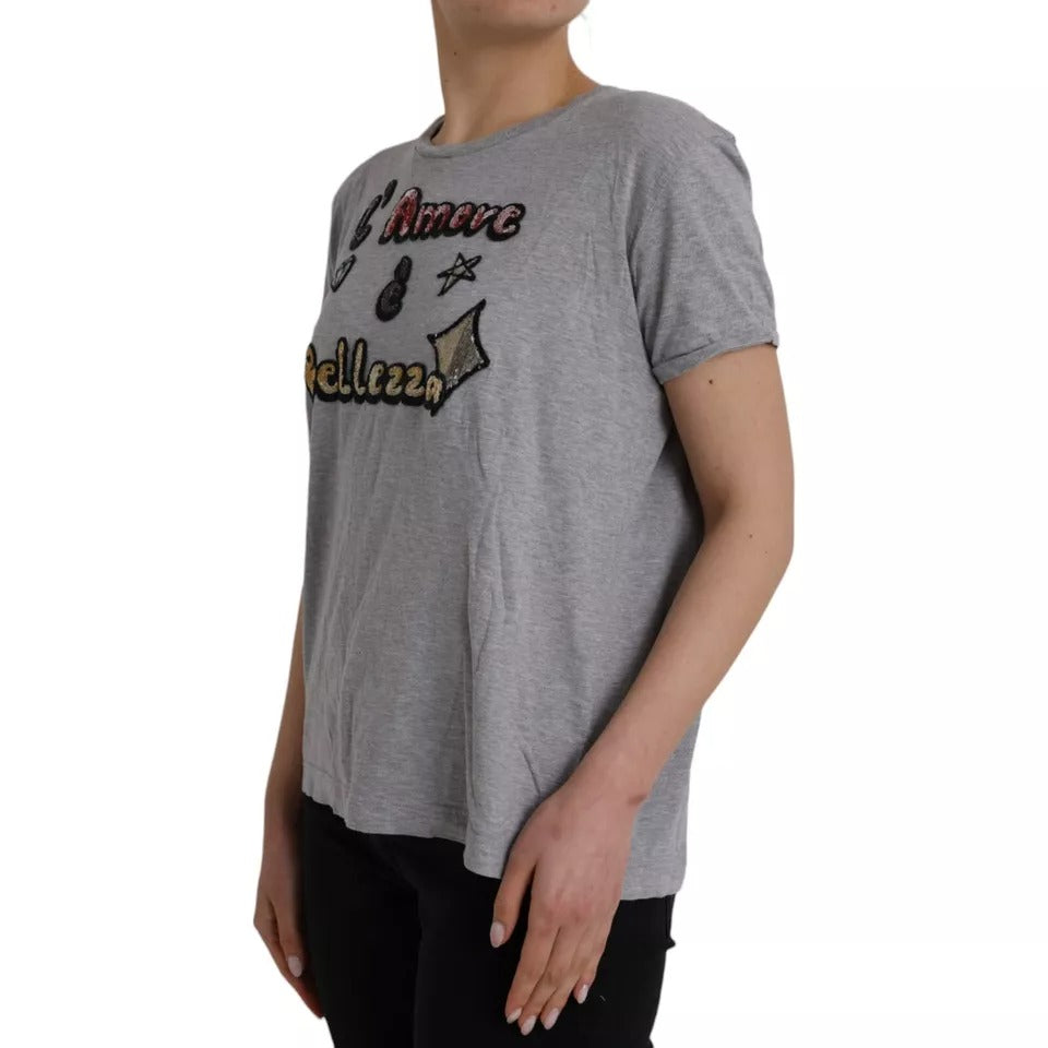 Dolce & Gabbana Camiseta gris de algodón con la frase "L'Amore E'Bellezza"