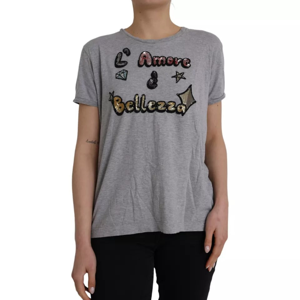 Dolce & Gabbana Camiseta gris de algodón con la frase "L'Amore E'Bellezza"