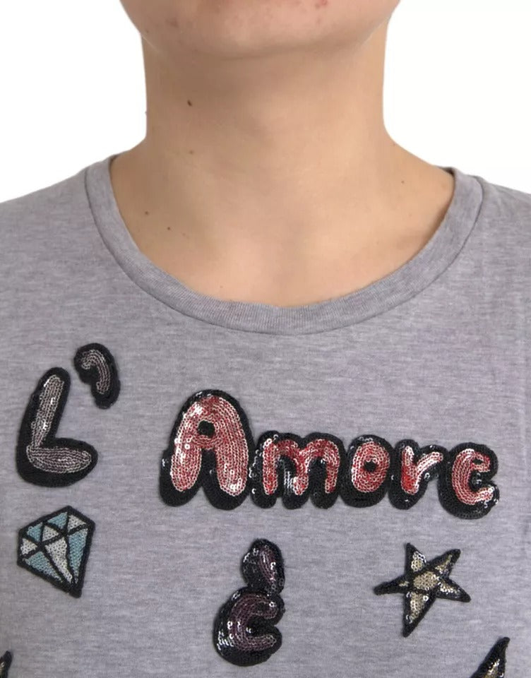 Dolce & Gabbana Camiseta gris de algodón con la frase "L'Amore E'Bellezza"
