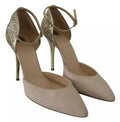 Zapatos de tacón alto con tira al tobillo de lino beige Elisabetta Franchi