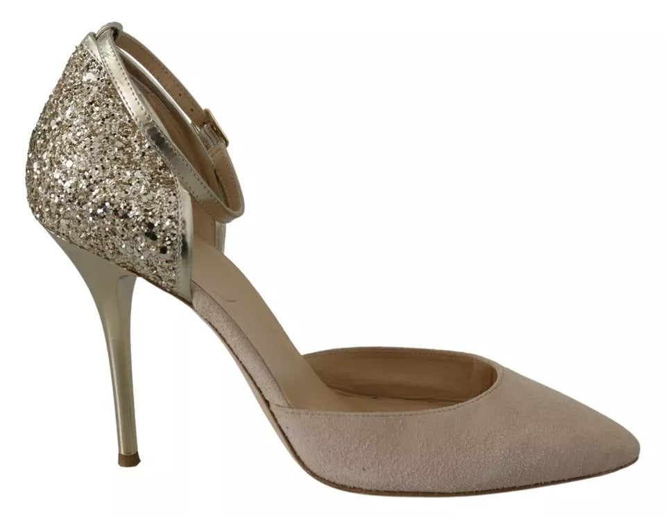 Zapatos de tacón alto con tira al tobillo de lino beige Elisabetta Franchi