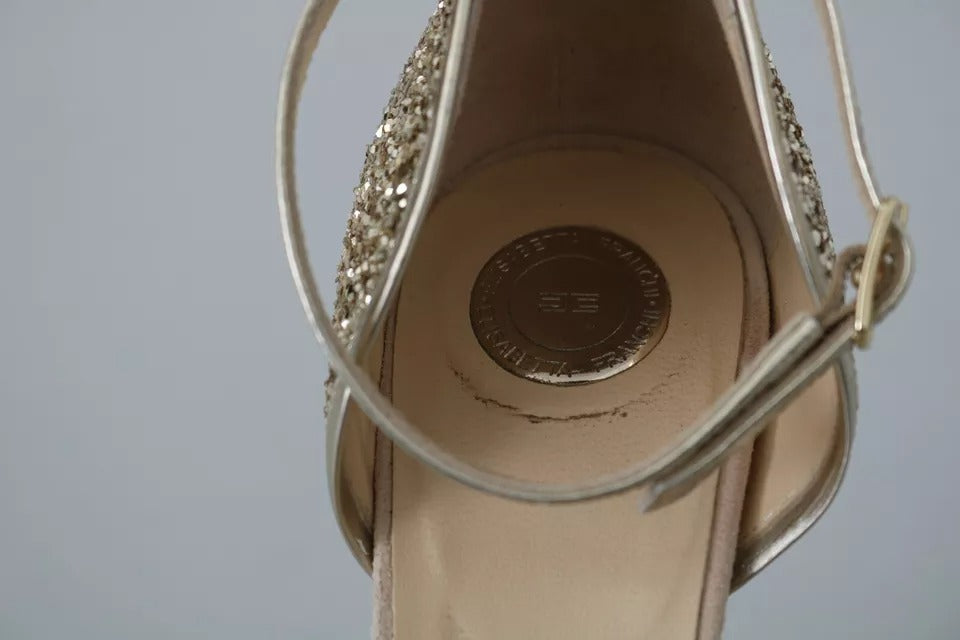 Zapatos de tacón alto con tira al tobillo de lino beige Elisabetta Franchi