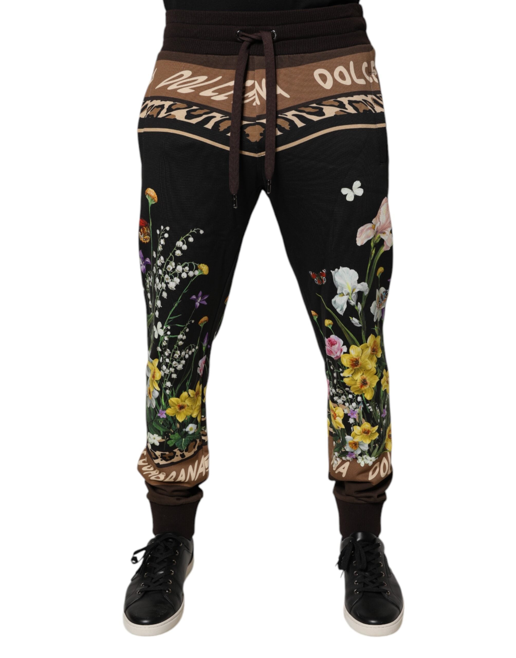 Dolce & Gabbana Pantalones Deportivos Jogger Negros de Algodón con Estampado Floral