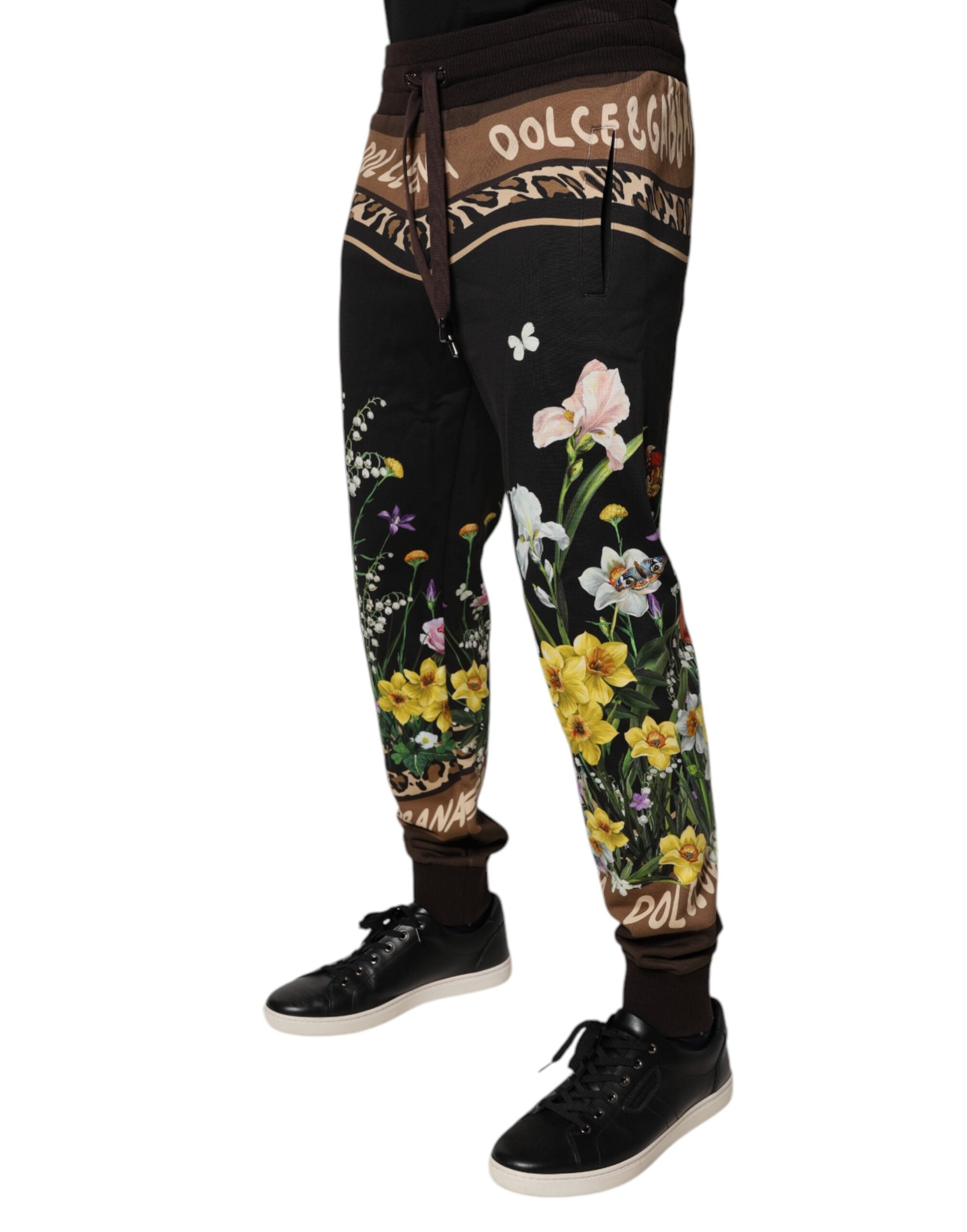Dolce & Gabbana Pantalones Deportivos Jogger Negros de Algodón con Estampado Floral