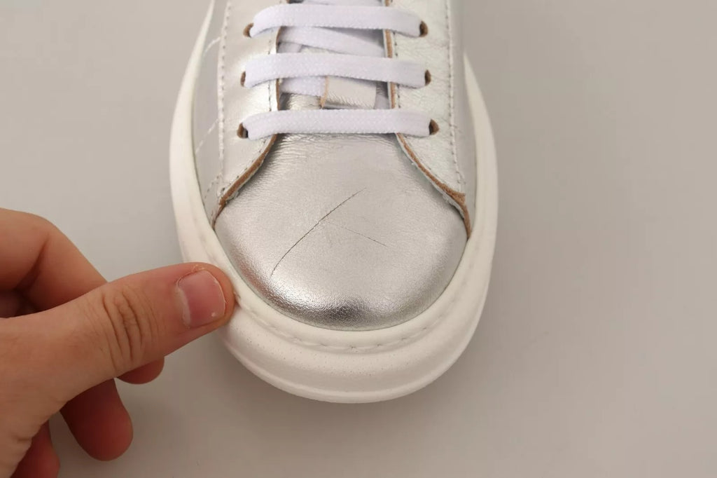 Patrizia Pepe Silver Full Grain Leather Lace Up Sneakers Shoes