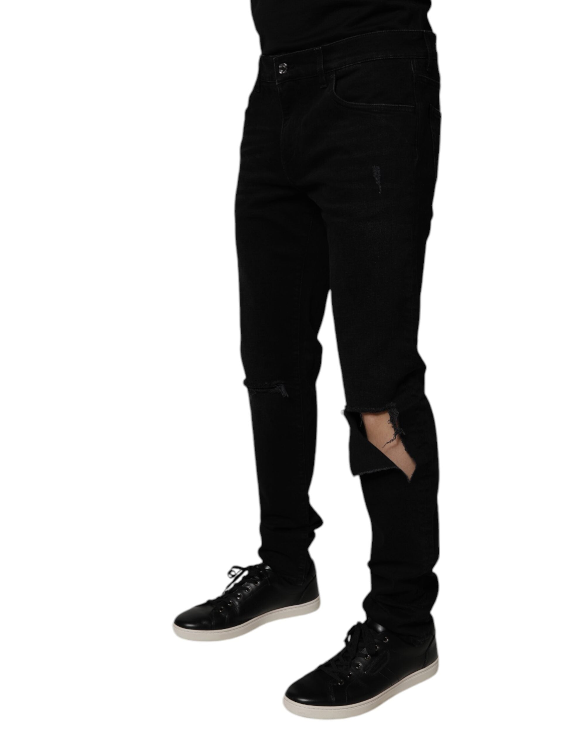 Dolce & Gabbana Black Cotton Tattered Skinny Men Denim Jeans