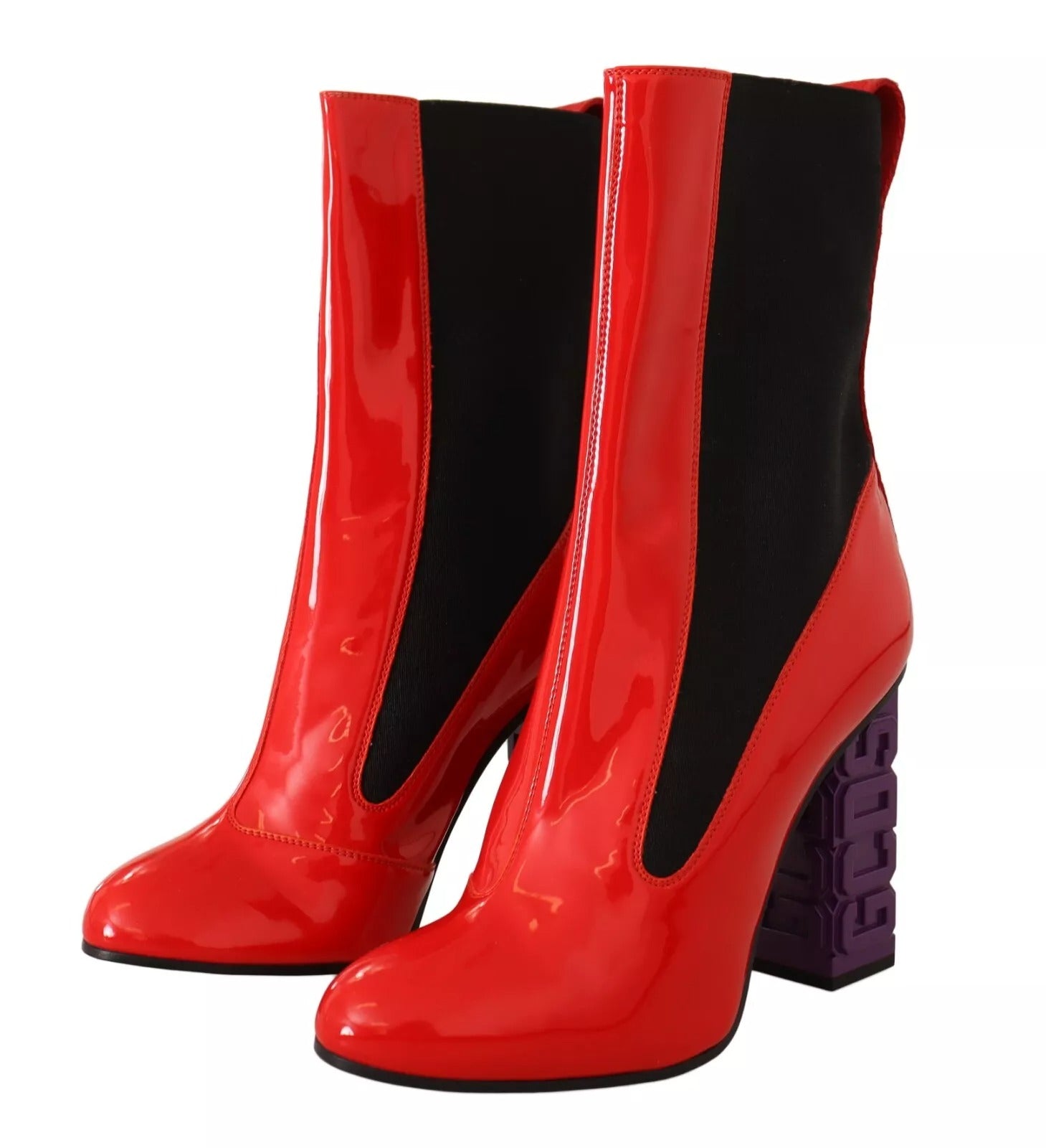 GCDS Botines Zapatos Tacón Logo Tejido Negro Cuero Rojo