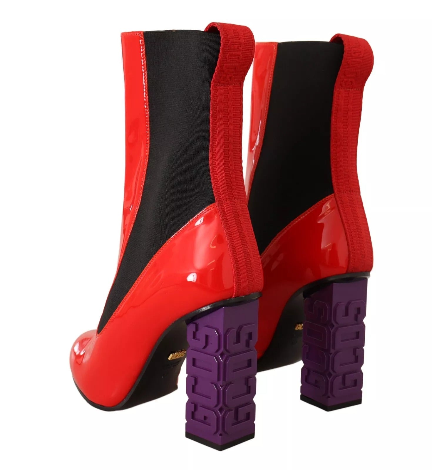 GCDS Botines Zapatos Tacón Logo Tejido Negro Cuero Rojo