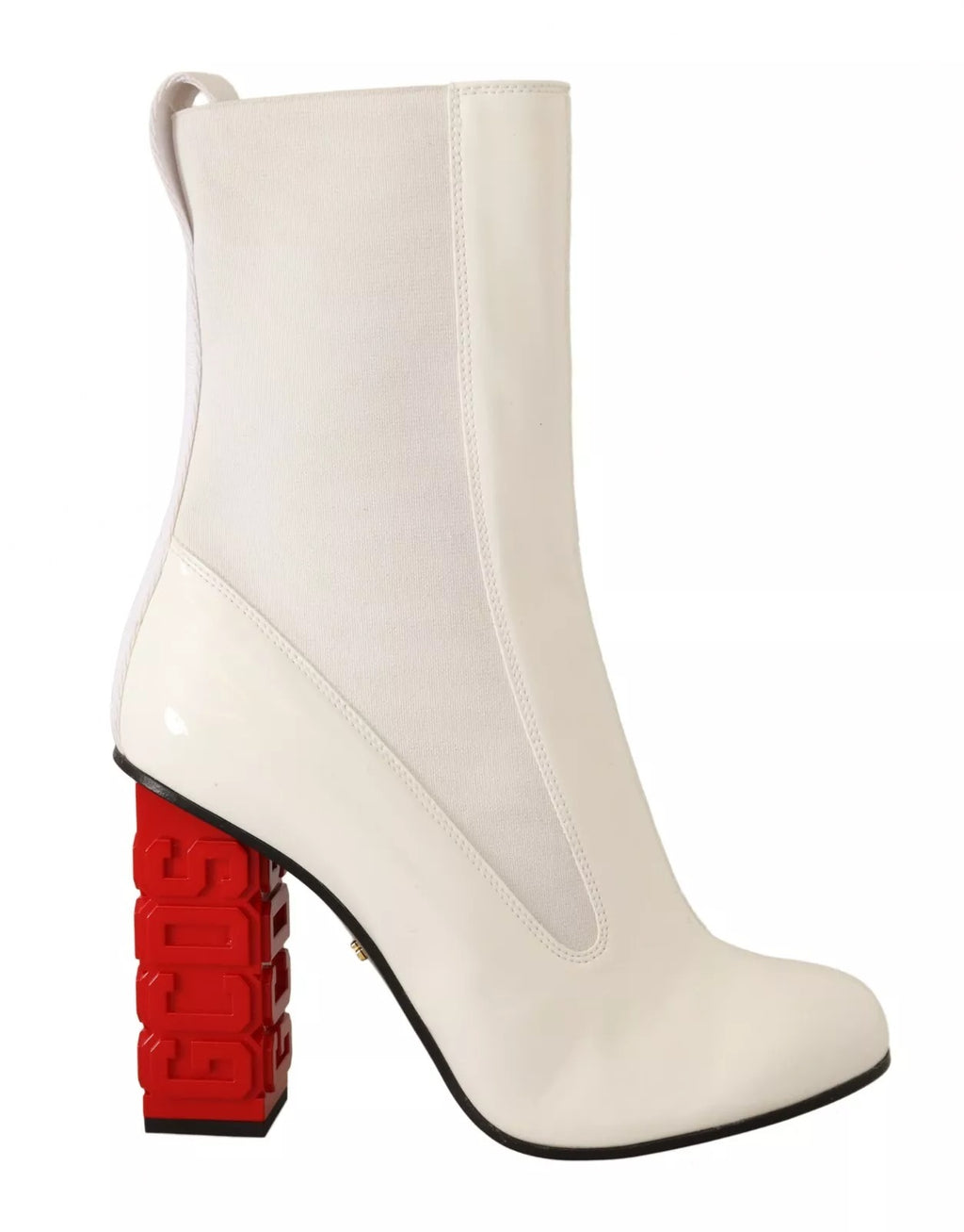 Botines GCDS de piel blanca y tela con tacón de logo rojo