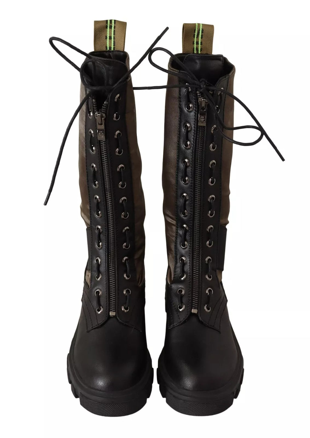 Gaelle Black Green High Combat Boots Lace Up Military Shoes