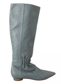 Valentino Blue Leather Elastic Flats Pull On Knee High Boots Shoes