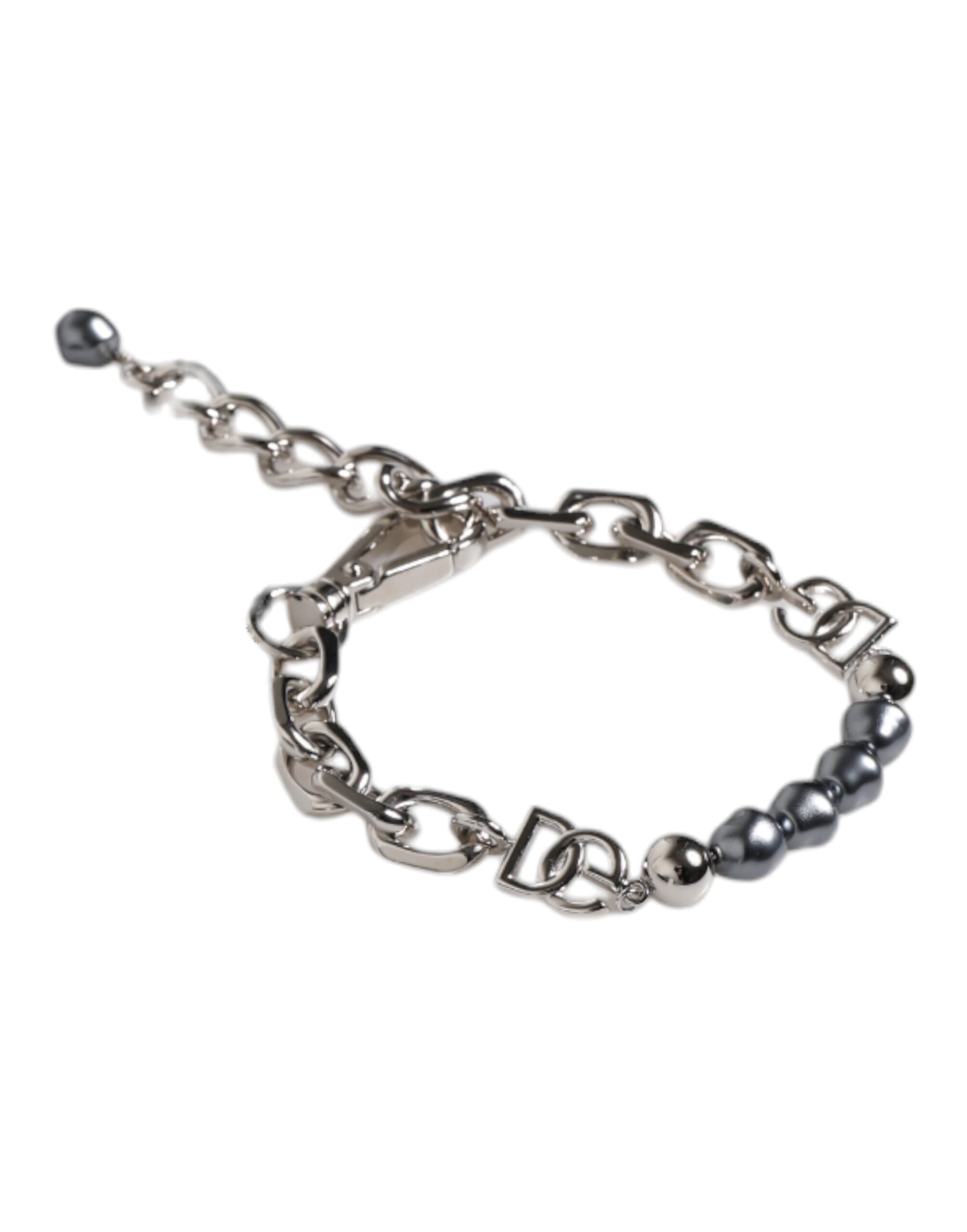 Dolce & Gabbana Silver Tone Chain Lobster Clasp Logo Gray Pearls Bracelet