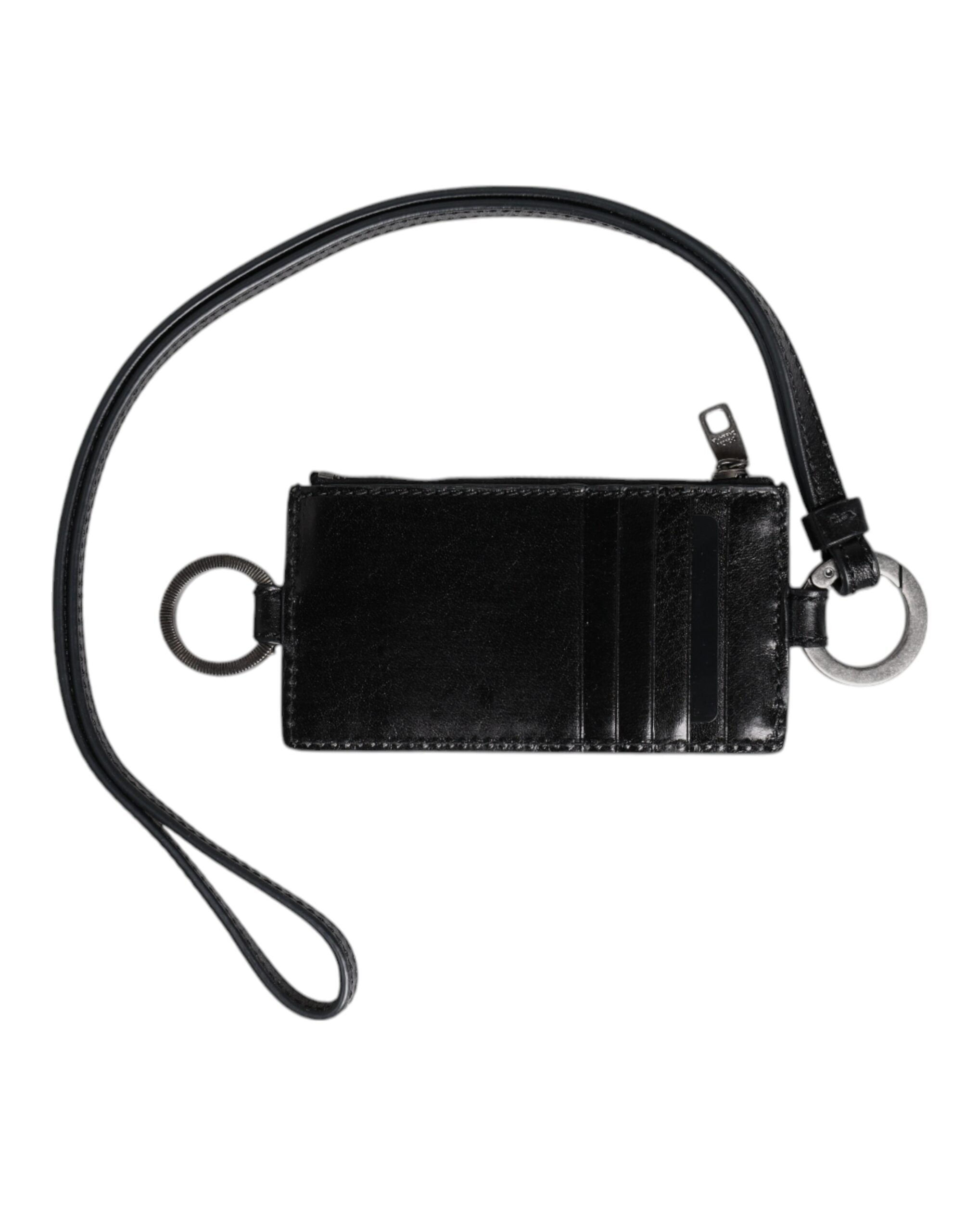 Tarjetero tipo cartera con cordón de cuero negro con logo grabado de Dolce & Gabbana