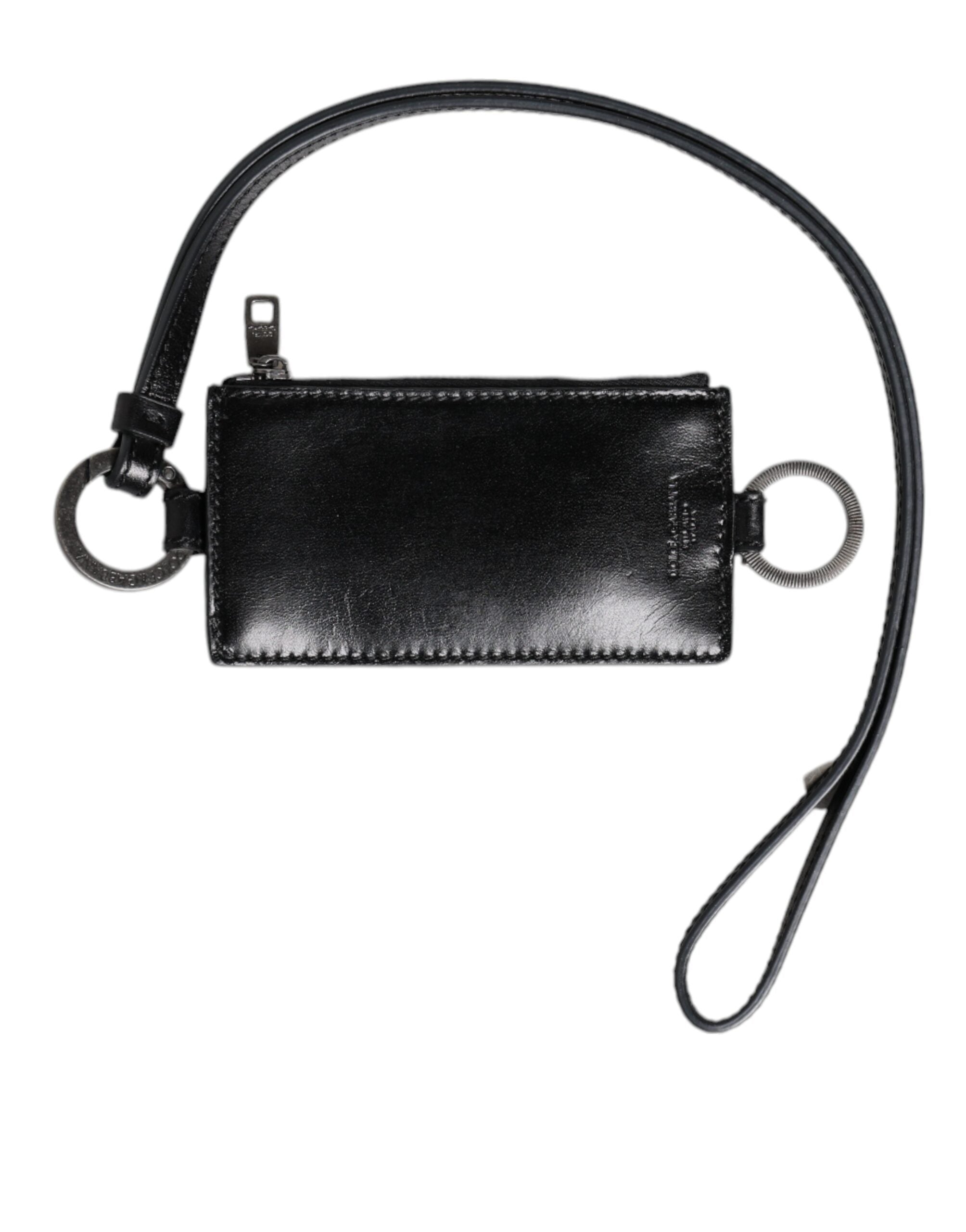 Tarjetero tipo cartera con cordón de cuero negro con logo grabado de Dolce & Gabbana